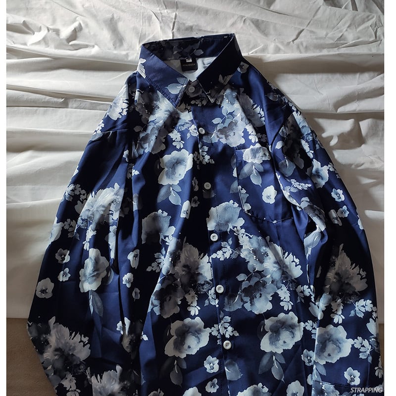 [STRAPPING Series]★Shirt★ 2color Tops Print Unisex Men's Spring Clothes Autumn Clothes Thin Floral Pattern Blue White