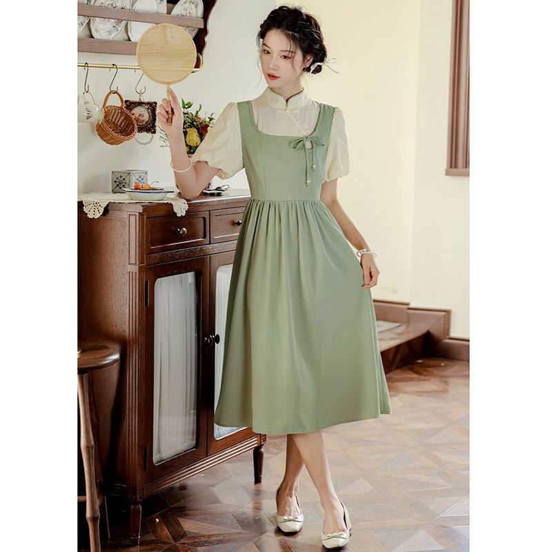 [White Moonlight Series] ★China style dress★ 2color improved cheongsam dress summer clothes fake layered black green