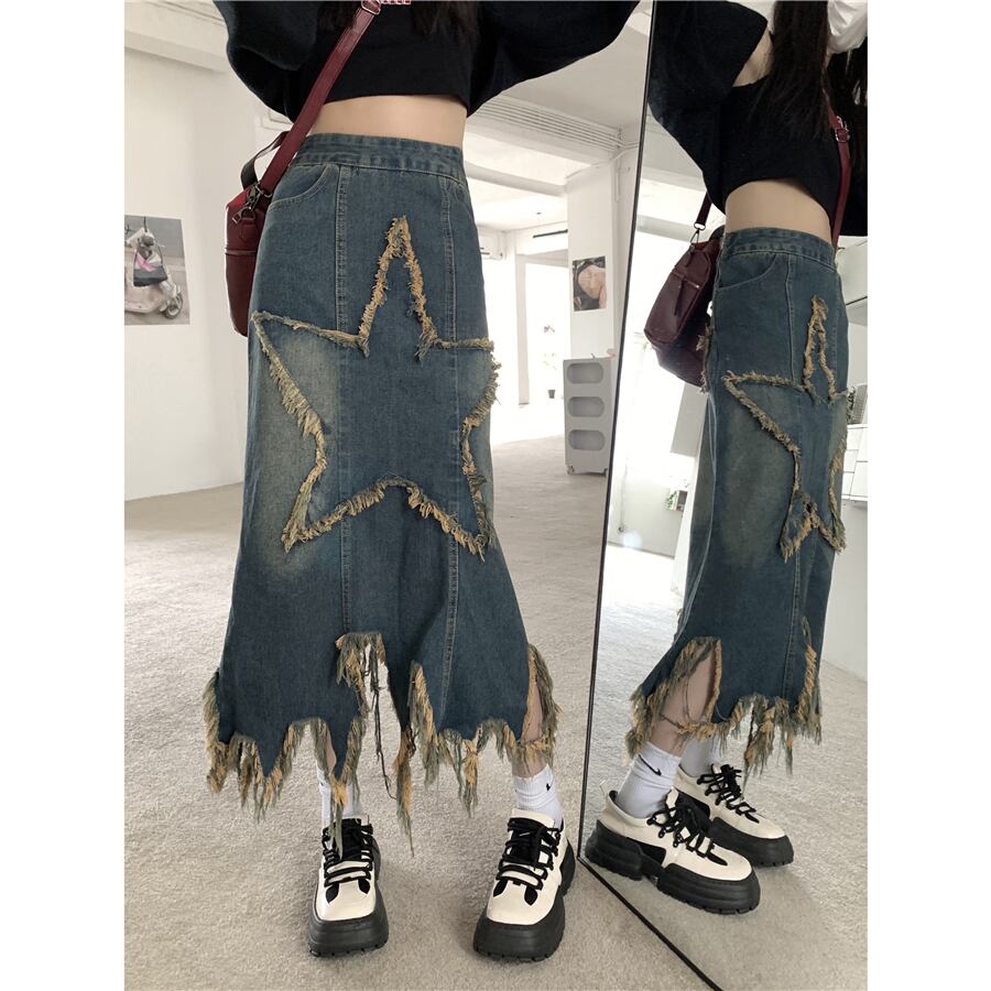 [OURI Series]★Denim Skirt★ Long Skirt Bottoms Large Size Star Star Fashionable Wear