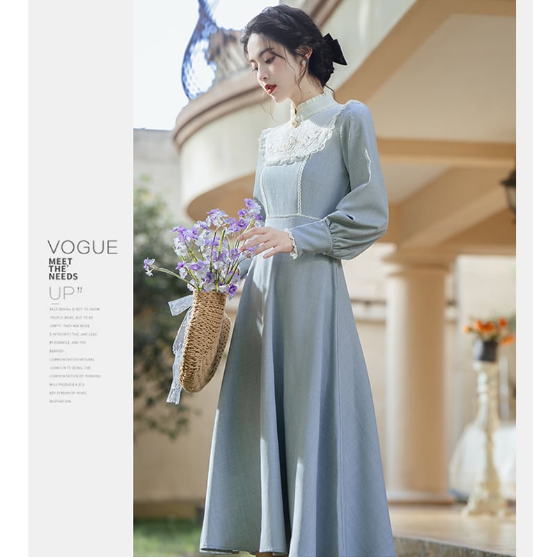 [Tatsuze Chenis Series] ★Chinese style dress★ Hanfu dress, Chinese elements, retro, switching, fake layered, blue, blue