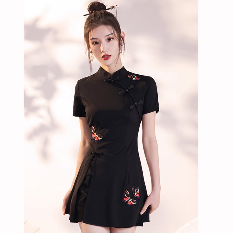 [Taibi Shiba Series]★China style setup★Cheongsam dress + shorts 2-piece set Butterfly Black Black