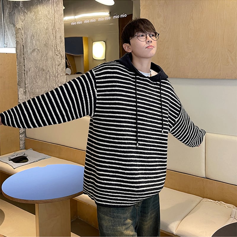 [NANSHI Series]★Sweater★ 2color Knit Parka Tops Unisex Men's Horizontal Stripes Striped Pattern Black Blue