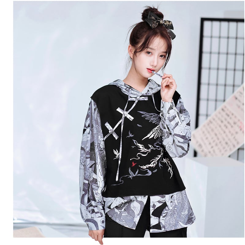 [Kyodo Series]★China style hoodie★ Faux layered unisex print color scheme switching S M L XL