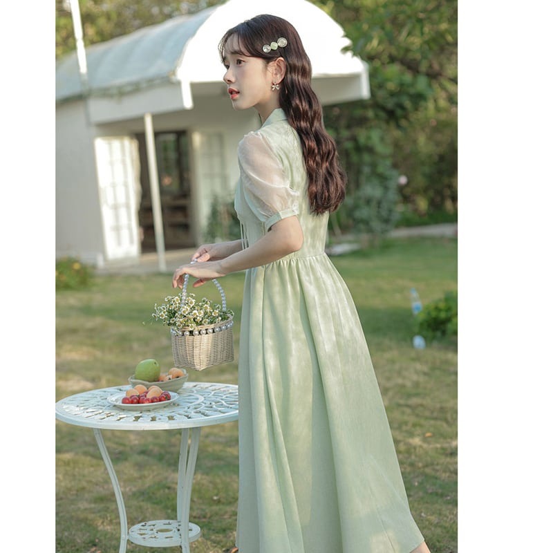 [NANMOSEN Series] ★China style dress★ Short sleeve dress, China button, cute, improves temperament, green