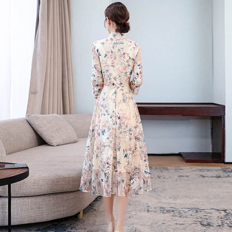 Chinese Style Dress, Long Dress, Long Sleeve, Good Temperament, Slim, Commuting, Girls' Night Out, Class Reunion, Present, Party, Large Size, ML, XL, 2XL, 3XL, Retro, Stand Neck, Floral Print, Apricot Color