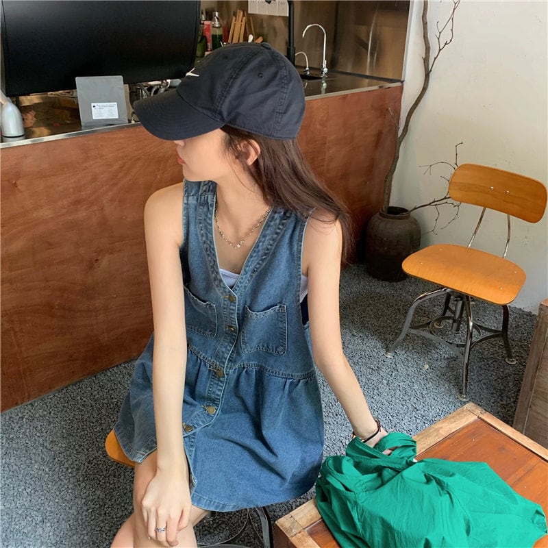 [XIAOXIN Series]★Dress★Sleeveless Women's Fashion V-neck Short Length Denim