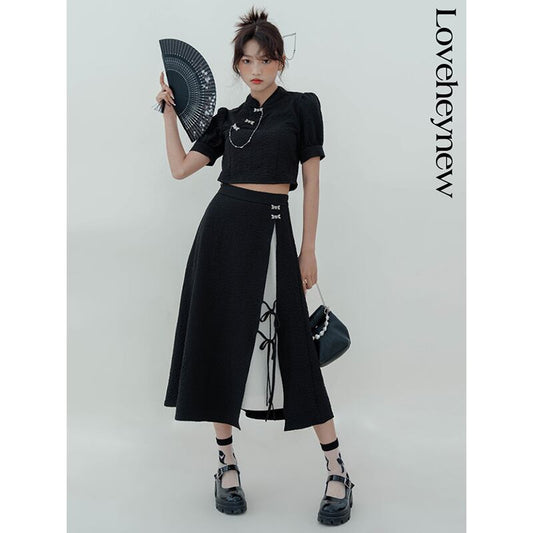 [LOVEHEYNEW Series] ★China style skirt★ Bottoms Slit Color scheme Black Black SML Slimming Easy to match