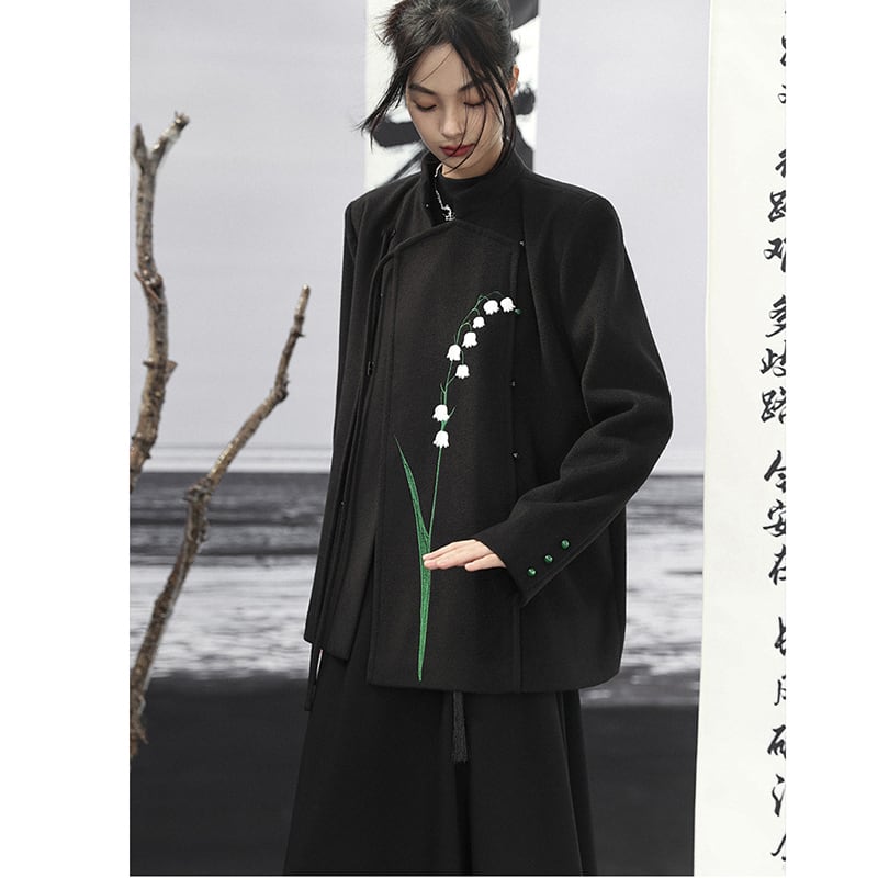 [Big Blue Dragon Series] ★Chinese style outerwear★ Blazer Lily of the Valley Rasha Embroidery Chinese Clothes Black Black