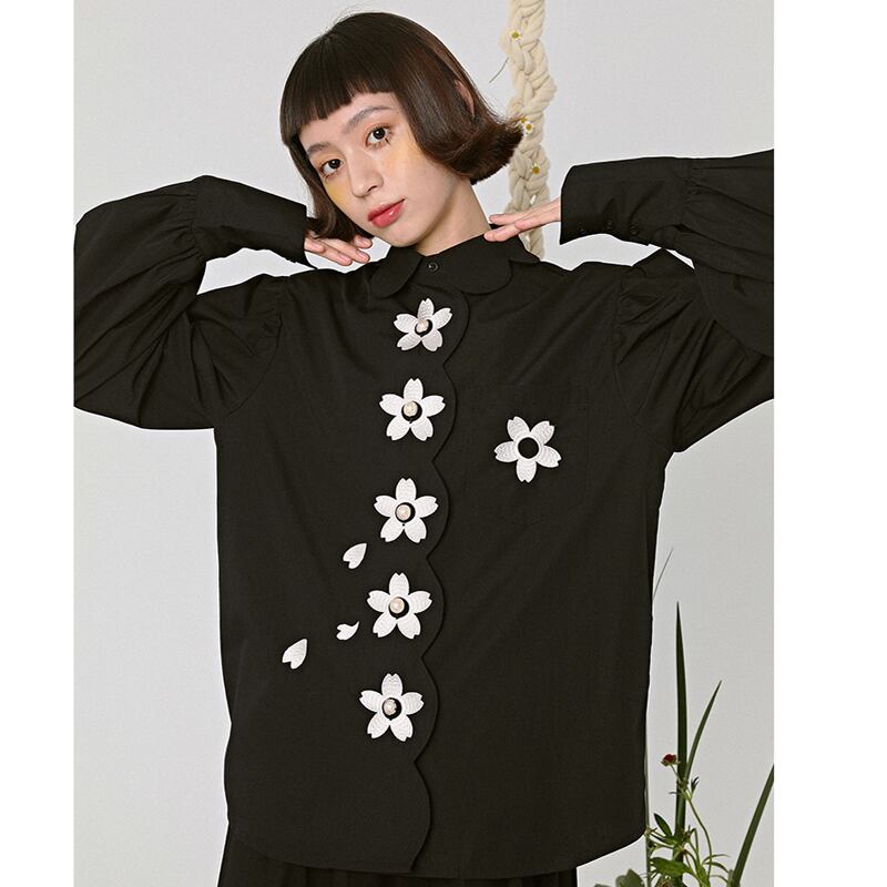 [Yangji Great Dream Series]★Shirt★ Tops Embroidery Original Retro Temperament Enhancement Long Sleeve Shirt Black Black