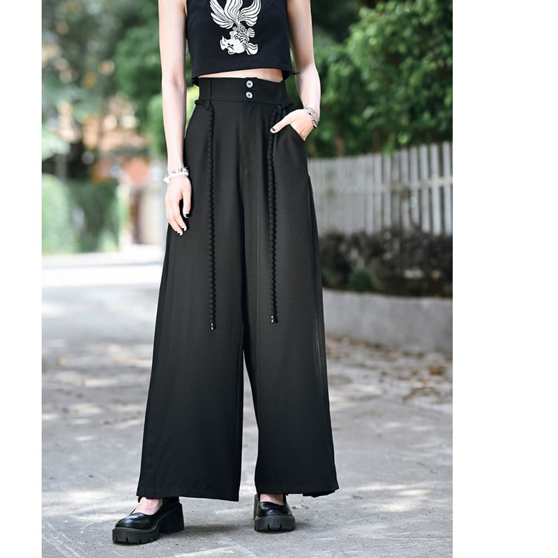 [Ancient monster---Long wind series]★China style pants★Bottoms Gaucho pants with belt Black Black