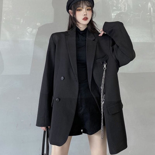 [Miyakoya Series]★Blazer with chain★ 2color black or beige outerwear unisex costume retro simple