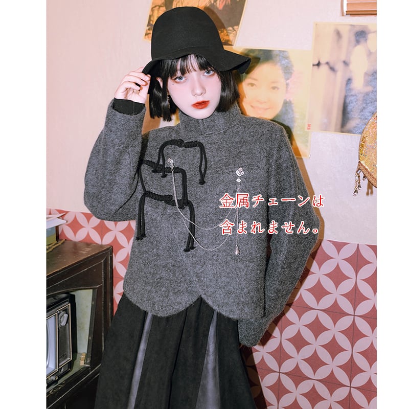 [Kokaisha---Ochienura Series] ★China style coat★ Lasha Quilted Winter Coat Short Length Gray