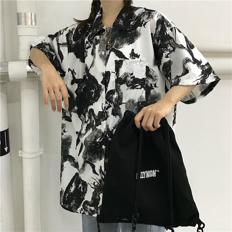 [Miyakoya Series]★China style shirt★ Short sleeve, dragon crest, floral pattern, unisex, ML, summer, cool, couple clothes, everyday wear