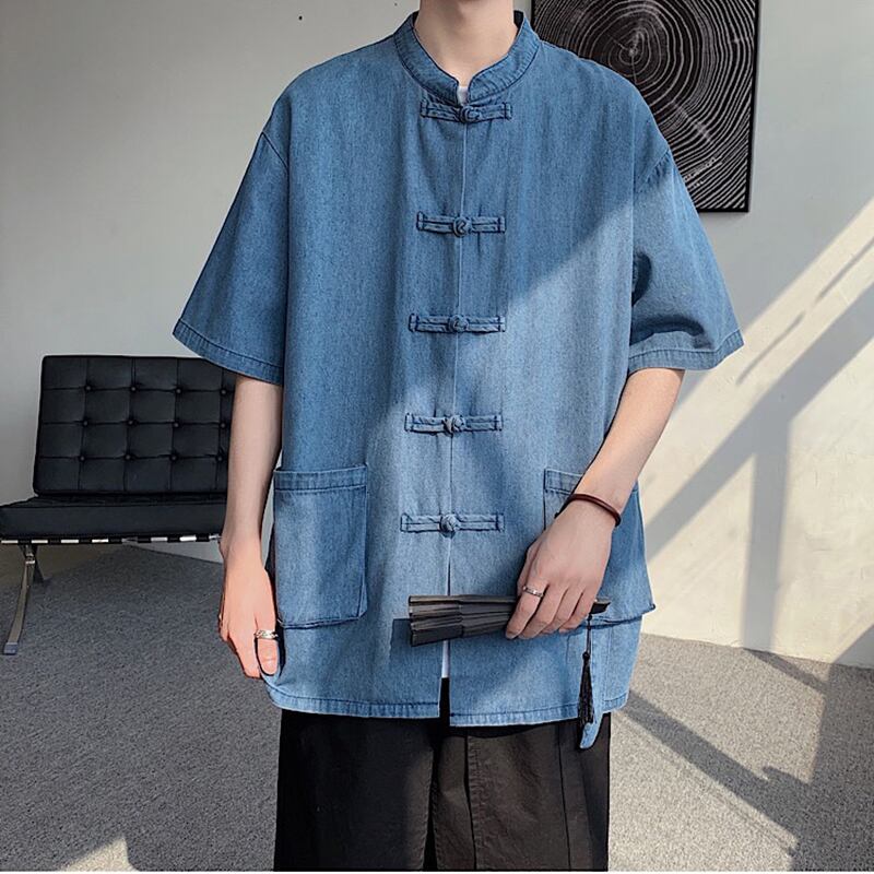 [YISHUO Series]★Chinese style shirt★ 2color Unisex Men's Large Size Denim Shirt Chinese Clothes Blue