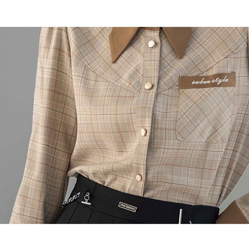 [GUIDUO Series]★Shirt★ Tops, long sleeve shirt, plaid pattern, women's, improves temperament, color scheme, easy to match, brown