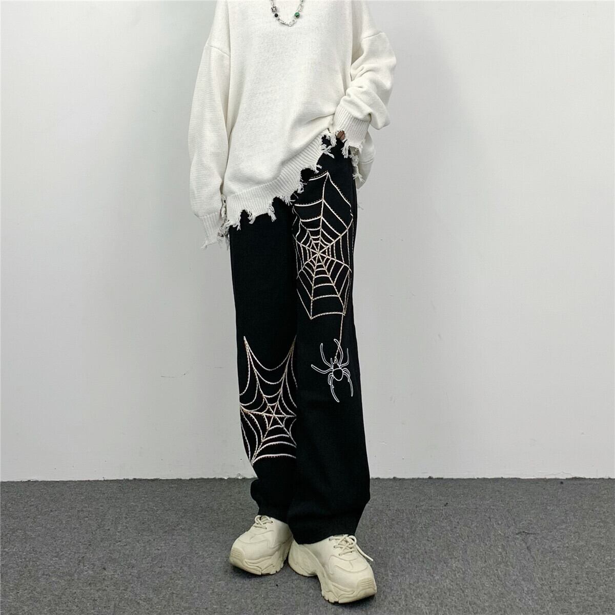 [MGJM Series]★Casual Pants★ Trousers Bottoms Denim Pants Unisex Men's Spider Black Black