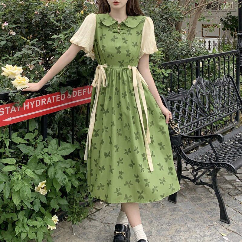 [Dong Xiaojie Series]★China style dress★Floral pattern dress Switchable Cute Large size Green Green