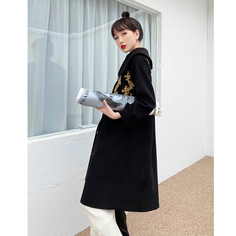 [First look series] ★China style coat★ Long coat outerwear coat cute black gold black SML