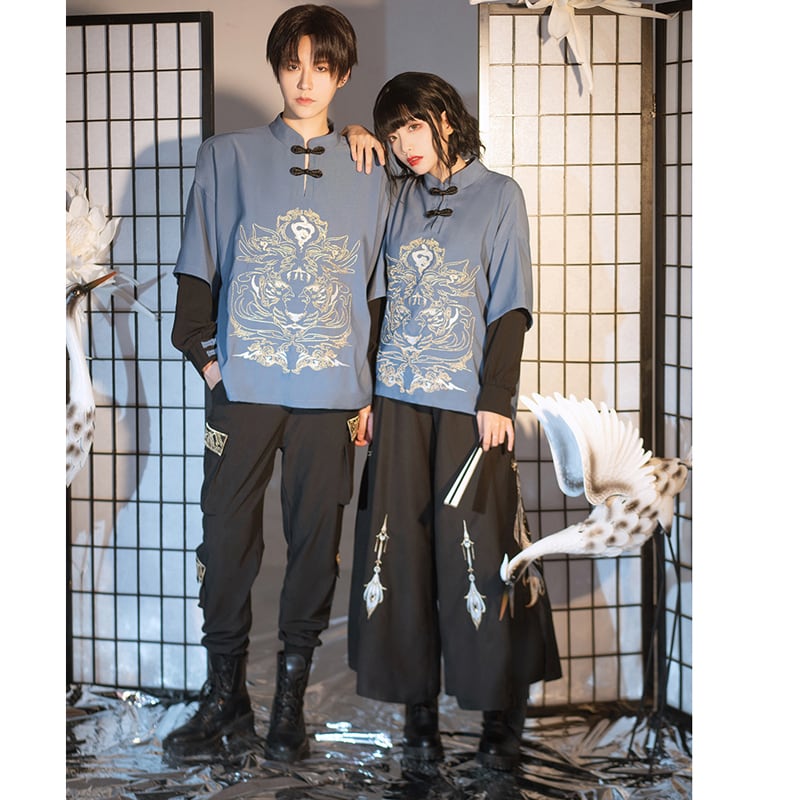 [Kyodo Series]★China style pants★ Embroidery Unisex costume Couple clothes Men's Gaucho pants Black Black