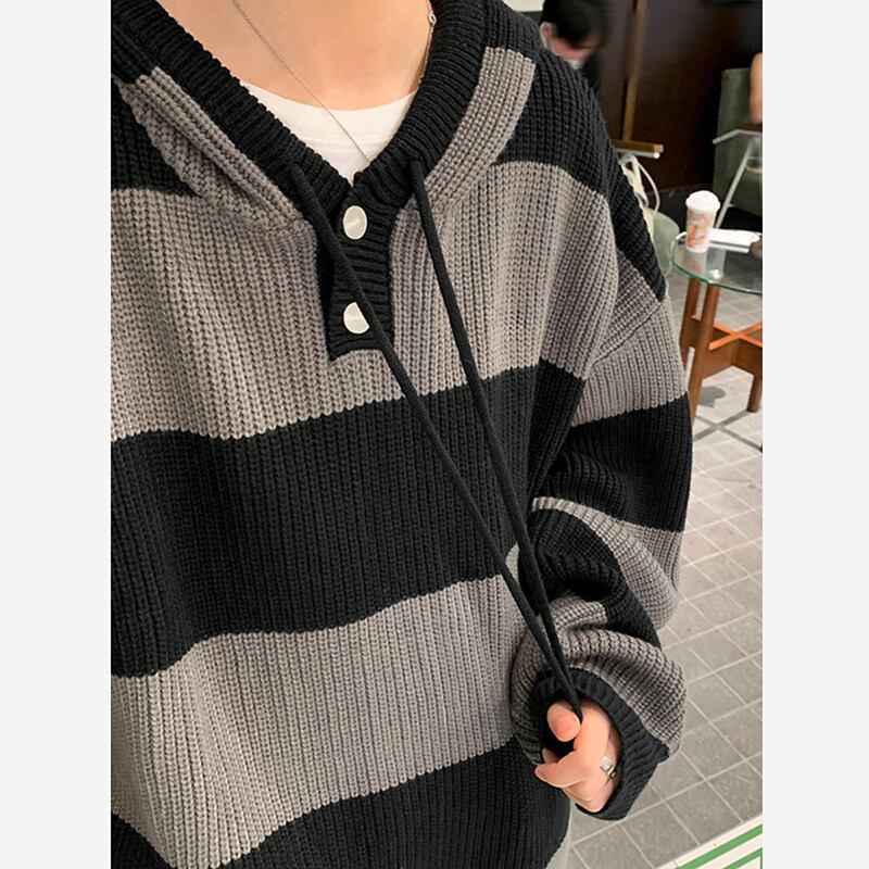 [NANSHI Series]★Sweater★ 2color Knit Parka Tops Unisex Men's Horizontal Stripes Striped Pattern Black Blue