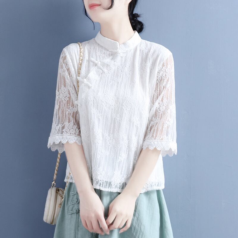 [Qing Series]★Chinese style shirt★ 4 colors lace Chinese clothes stand neck easy to match summer simple