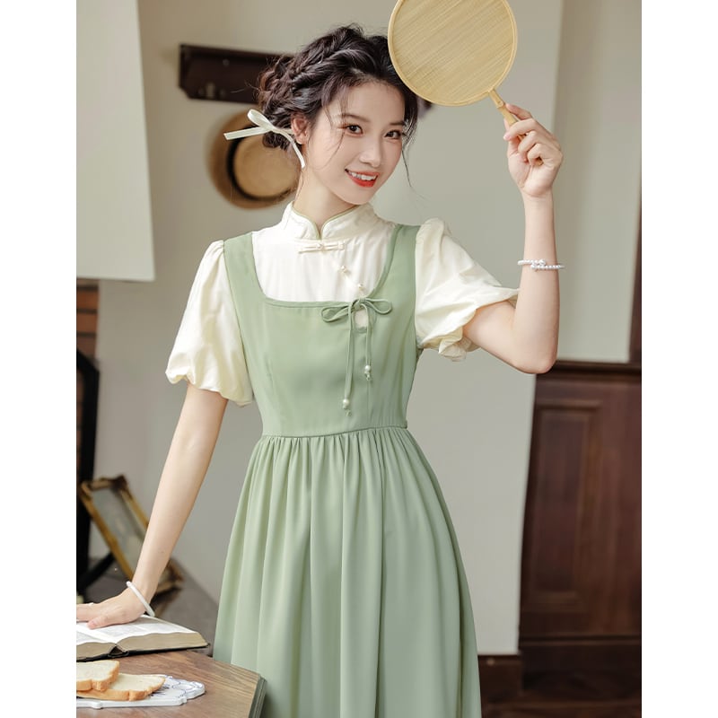 [White Moonlight Series] ★China style dress★ 2color improved cheongsam dress summer clothes fake layered black green