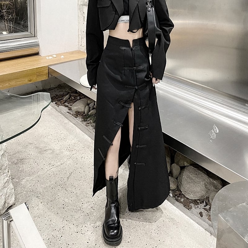 [Lin Shushuo Series] ★China style skirt★ Bottoms Slit Asymmetrical Unique Harajuku style Easy to match Slimming Black Black