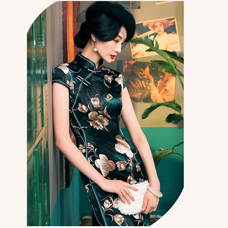 [Four Little Sisters Series] ★Long Chinese dress★ Luxury silk Chinese style dress, short sleeves, slimming, large size