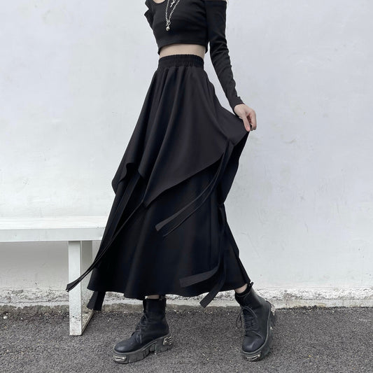 [Miyakoya Series]★Skirt★ Bottoms Irregular Asymmetrical Unique Harajuku style Easy to match Slimming Elastic waist Black Black