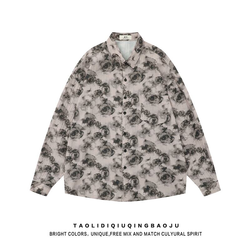 [Escaped Earth Series]★Shirt★ 2color Long Sleeve Shirt Tops Unisex Men's Floral Pattern Retro Casual