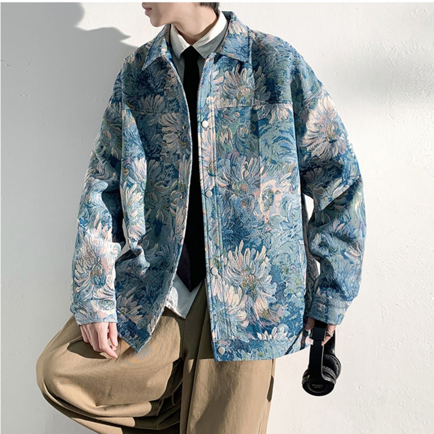 [KADISHOU Series] ★Jacket★ Outerwear 2color Oil Painting Style Floral Pattern Unisex Men's Large Size Blue Green