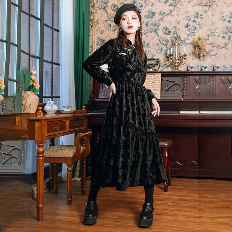 [Kokaisha --- Chichiku Series] ★China style dress★ Velvet thick black black long length