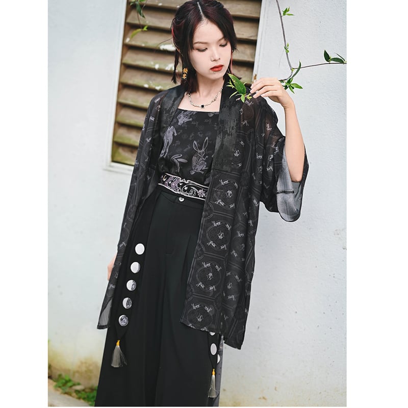 [Old Monster --- Rabbit Series] ★China style happi coat★ Tops Chiffon Thin Black Black Summer clothes Easy to match