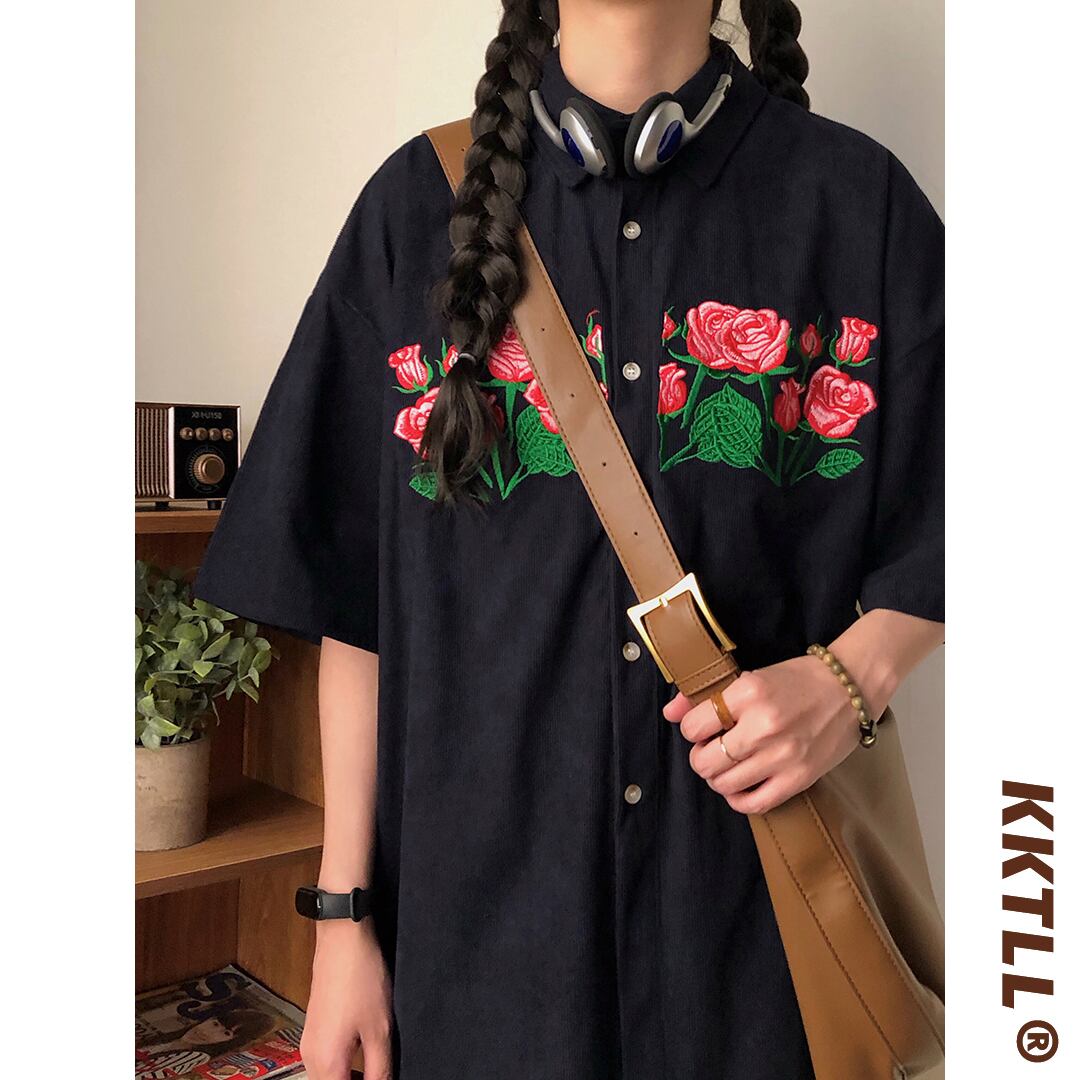 [FANMAN Series]★Shirt★ 2color Tops Short Sleeve Shirt Unisex Men's Embroidery Rose Brown Navy