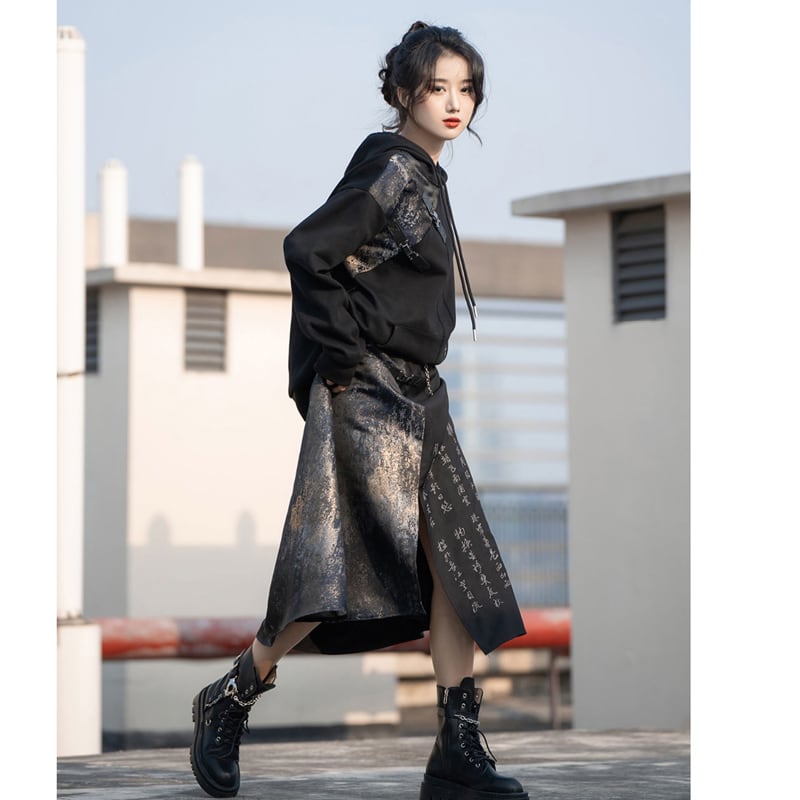 [Kyodo Series]★China style skirt★Bottoms Unisex Men's Switching Text Pattern Black Black Slit