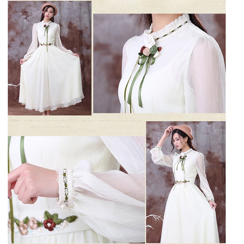 [Nan Kemu Series] ★One Piece★ Long Sleeve One Piece Dress Women's Date Ribbon Chiffon White White