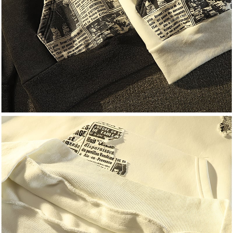 [Roba Series] ★Fleece-lined hoodie★ 2color tops unisex men's newspaper pattern retro black white