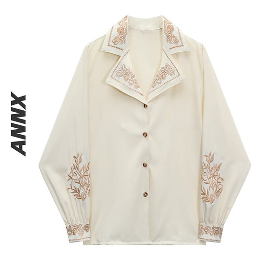 [ANNXstudio series] ★Embroidered shirt★ Long sleeve shirt, tops, flower embroidery, improves temperament, commuting, dating, retro