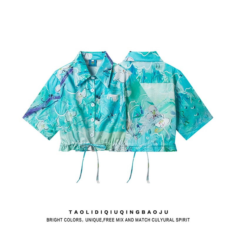 【ANAMONE STUDIOシリーズ】★花柄シャツ★ トップス 半袖シャツ 夏服 油絵風 S M L ショート丈 ブルー 青