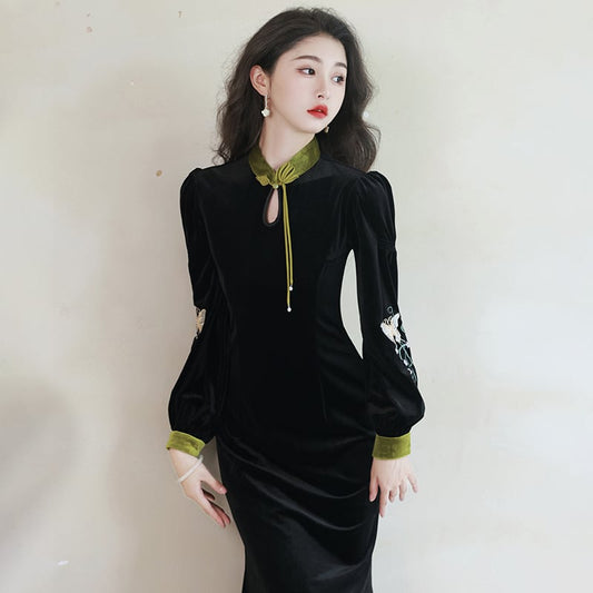 [Agoya Yui Series] ★Cheongsam dress★ Chinese style piece velvet black black long length