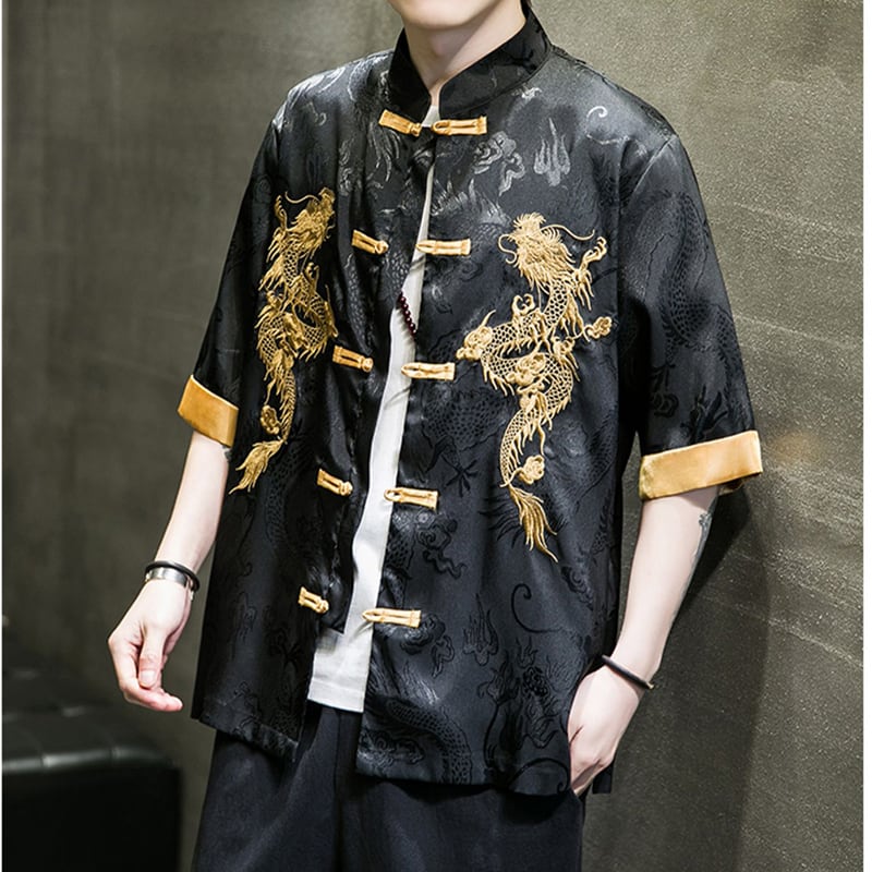 [JUNYI Series]★Chinese Style Shirt★ Embroidery Dragon 2color Unisex Men's Large Size Chinese Clothes Black White