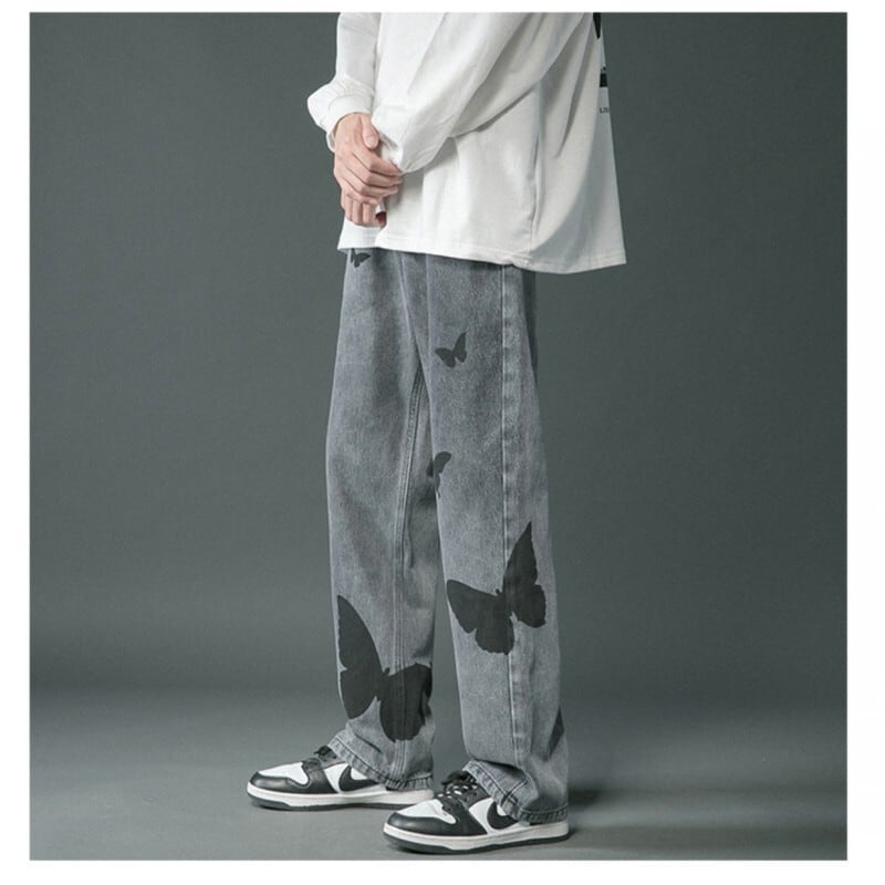 [Snow Qiongsi Series]★Denim Pants★ 2color Bottoms Pants Unisex Men's Butterfly Print Unique Black Blue