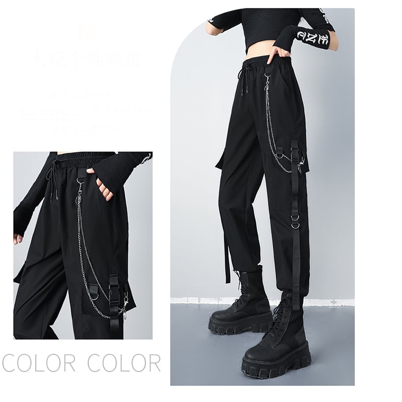 [AZE Series] ★Casual Pants★ Pants with Chains Bottoms Black Black Autumn Clothes Easy to Match and Slimming