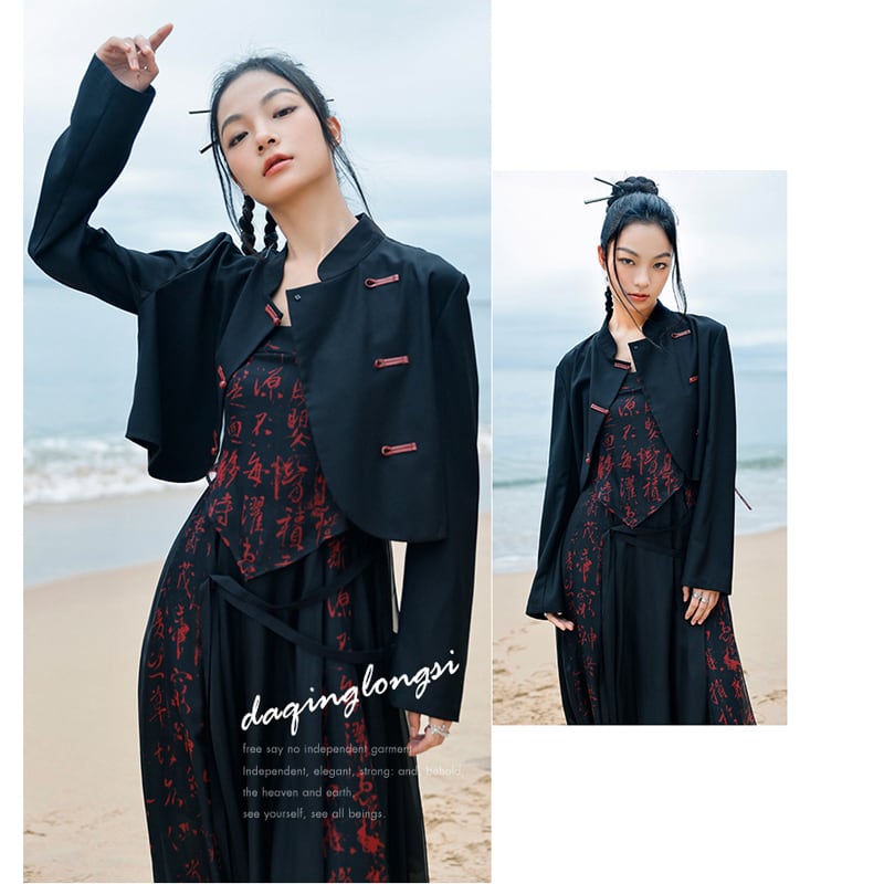 [Daiseiryusu Series] ★China style outerwear★ Tops embroidery black black unique color scheme slimming original