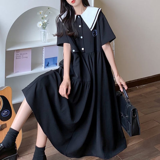 [Dong Xiaojie Series] ★One Piece★ Large Size Summer Short Sleeve Dress Ladies Fashion Black Black Black