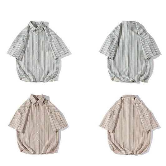 [BIGEMAN Series] ★Short sleeve shirt★ Tops 2color Unisex Men's Large size Summer clothes Vertical stripes Striped pattern