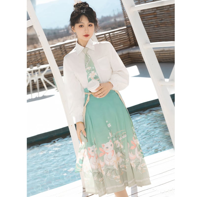 [Kaedetake --- Suzuran series] ★Chinese style setup★ 3color 3-piece set Shirt + tie + Maki skirt Chinese clothes