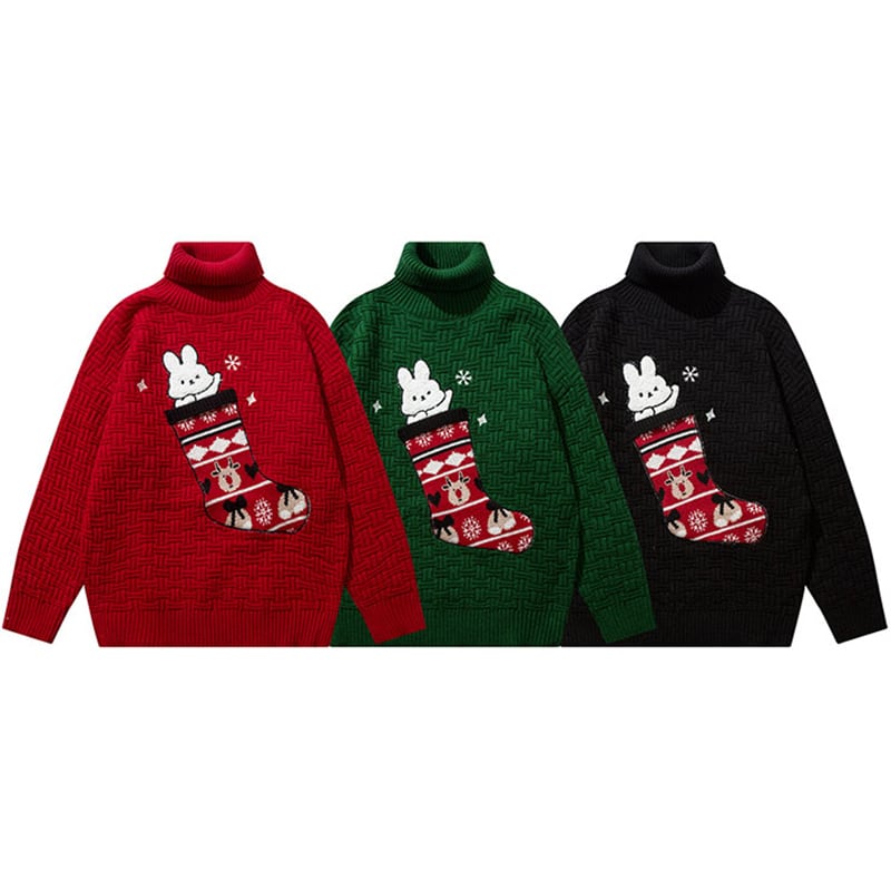 [KKYESIOU Series]★Sweater★ 3color Tops High Neck Christmas New Year Rabbit Unisex Men's Red Green Black