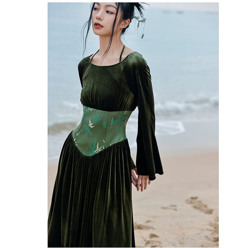 [Big Blue Dragon Series] ★China style dress★ Switching velvet bamboo embroidery green sexy