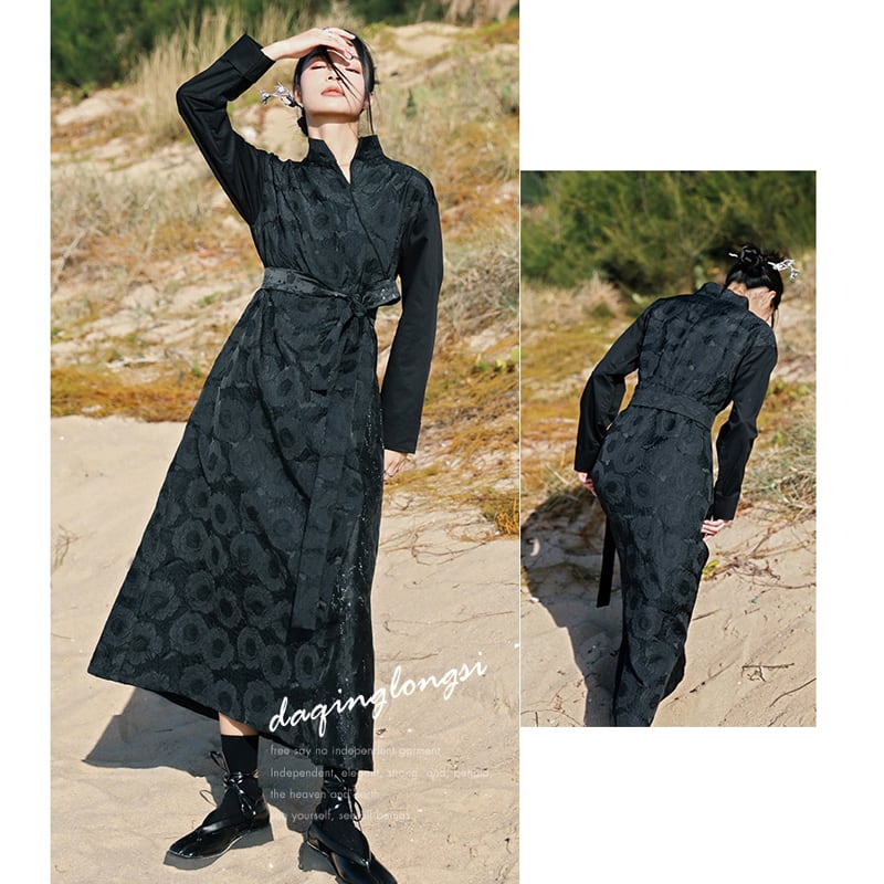 【大青龍肆シリーズ】★チャイナ風ワンピース★ 2color 黒or白 ロング丈 中華服 切り替え スタンドネック